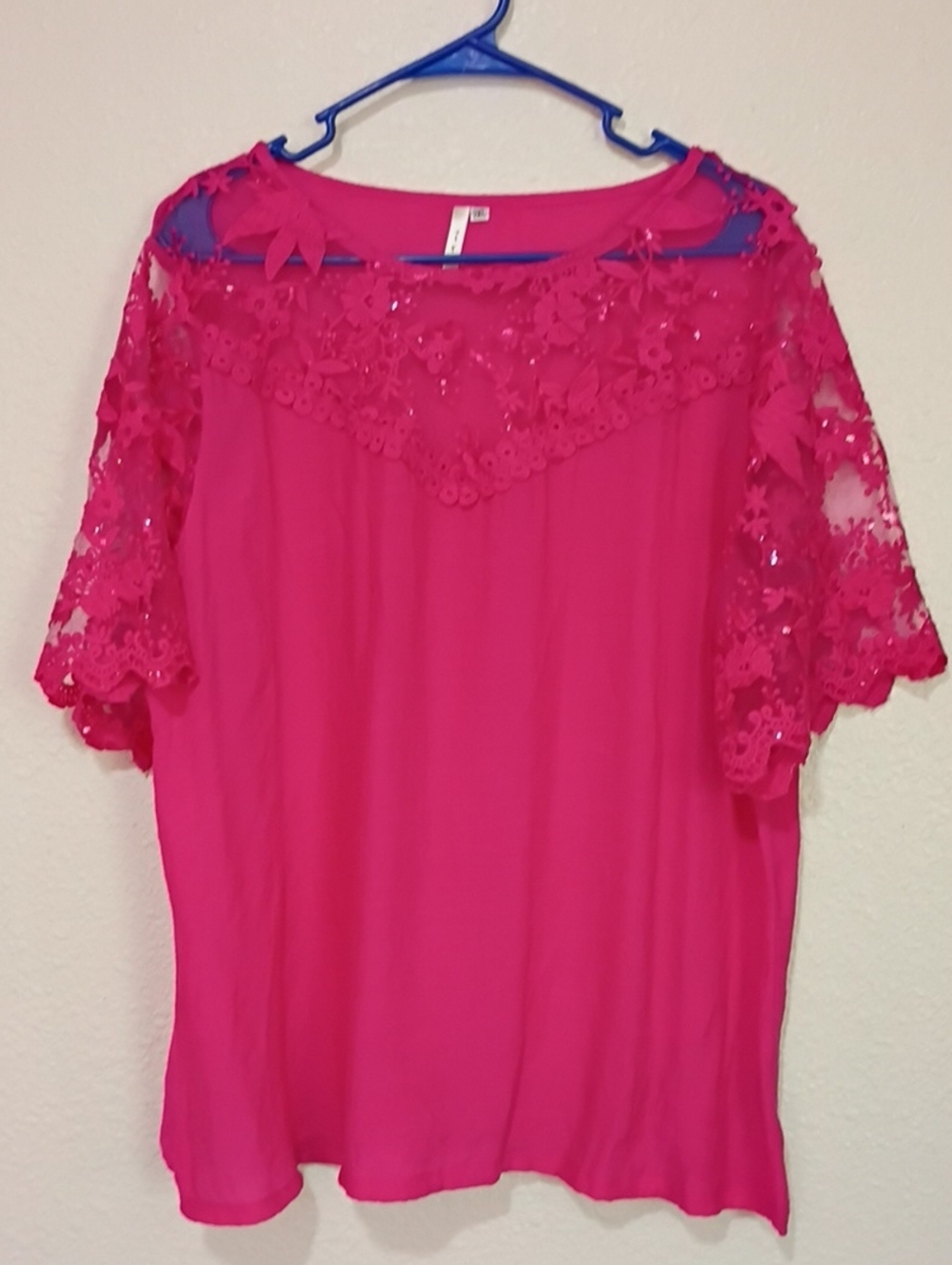 Women’s Fuchsia Lace Yoke Blouse with Short Sleeves